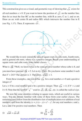 NUMBER SYSTEMS 21
This construction gives us a visual, and geometric way of showing that x exists for
all real numbers x > 0. If you want to know the position of x on the number line,
then let us treat the line BC as the number line, with B as zero, C as 1, and so on.
Draw an arc with centre B and radius BD, which intersects the number line in E
(see Fig. 1.17). Then, E represents x .
Fig. 1.17
We would like to now extend the idea of square roots to cube roots, fourth roots,
and in general nth roots, where n is a positive integer. Recall your understanding of
square roots and cube roots from earlier classes.
What is 3
8 ? Well, we know it has to be some positive number whose cube is 8, and
you must have guessed 3
8 = 2. Let us try 5
243 . Do you know some number b such
that b5
= 243? The answer is 3. Therefore, 5
243 = 3.
From these examples, can you define n
a for a real number a > 0 and a positive
integer n?
Let a > 0 be a real number and n be a positive integer. Then n
a = b, if bn
= a and
b > 0. Note that the symbol ‘ ’ used in 3
2, 8, n
a , etc. is called the radical sign.
We now list some identities relating to square roots, which are useful in various
ways. You are already familiar with some of these from your earlier classes. The
remaining ones follow from the distributive law of multiplication over addition of real
numbers, and from the identity (x + y) (x – y) = x2
– y2
, for any real numbers x and y.
Let a and b be positive real numbers. Then
(i) ab a b= (ii)
a a
b b
=
2019-2020
Download all NCERT books PDF from www.ncert.online
 