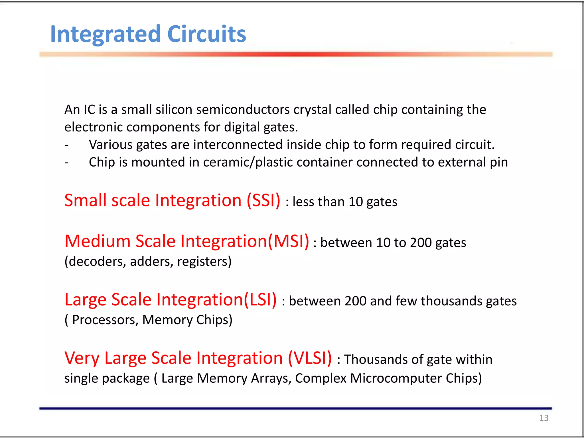 13
Integrated Circuits
An IC is a small silicon semiconductors crystal called chip containing the
electronic components for digital gates.
- Various gates are interconnected inside chip to form required circuit.
- Chip is mounted in ceramic/plastic container connected to external pin
Small scale Integration (SSI) : less than 10 gates
Medium Scale Integration(MSI) : between 10 to 200 gates
(decoders, adders, registers)
Large Scale Integration(LSI) : between 200 and few thousands gates
( Processors, Memory Chips)
Very Large Scale Integration (VLSI) : Thousands of gate within
single package ( Large Memory Arrays, Complex Microcomputer Chips)