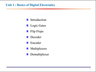 2
Introduction
Logic Gates
Flip Flops
Decoder
Encoder
Multiplexers
Demultiplexer
Unit 1 : Basics of Digital Electronics
 