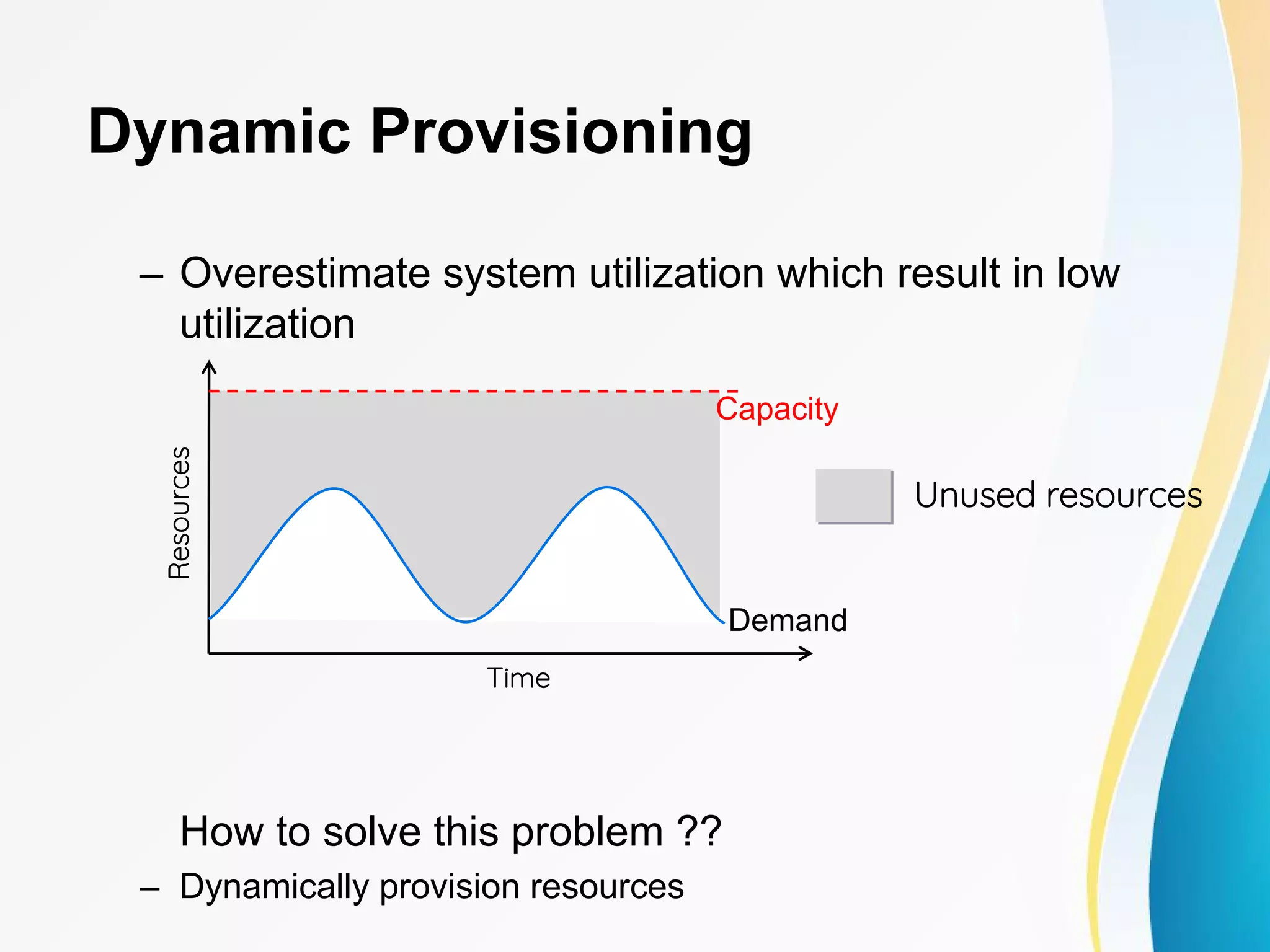 Dynamic Provisioning – Overestimate system utilization which result in low utilization How to solve this problem ?? – Dynamically provision resources Unused resources Demand Capacity Time Resources 