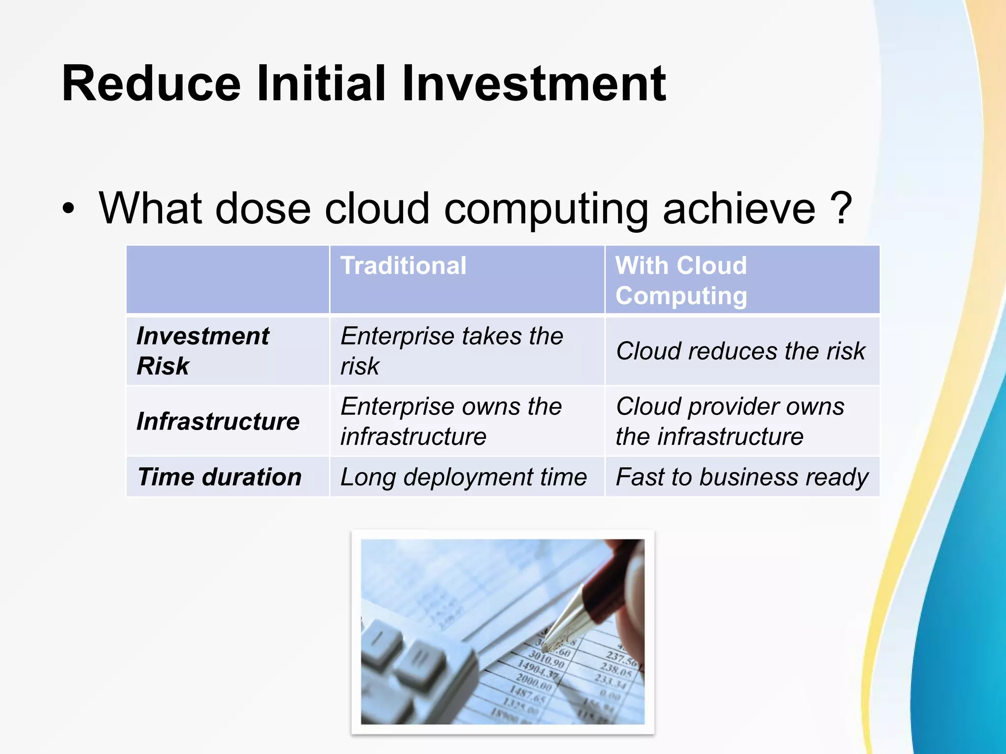 Reduce Initial Investment • What dose cloud computing achieve ? Traditional With Cloud Computing Investment Risk Enterprise takes the risk Cloud reduces the risk Infrastructure Enterprise owns the infrastructure Cloud provider owns the infrastructure Time duration Long deployment time Fast to business ready 