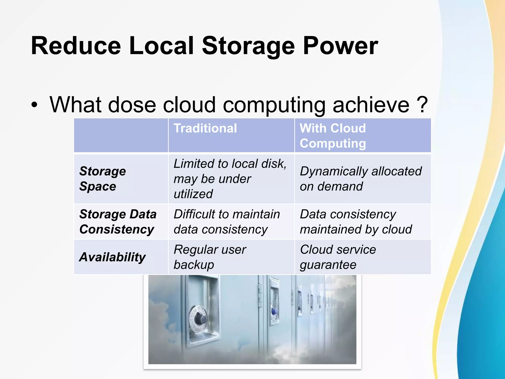 Reduce Local Storage Power Traditional With Cloud Computing Storage Space Limited to local disk, may be under utilized Dynamically allocated on demand Storage Data Consistency Difficult to maintain data consistency Data consistency maintained by cloud Availability Regular user backup Cloud service guarantee • What dose cloud computing achieve ? 