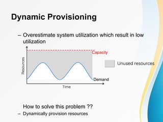 Dynamic Provisioning
– Overestimate system utilization which result in low
utilization
How to solve this problem ??
– Dynamically provision resources
Unused resources
Demand
Capacity
Time
Resources
 