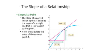 • Slope at a Point
• The slope of a curved
line at a point is equal to
the slope of a straight
line that is the tangent
to that point.
• Here, we calculate the
slope of the curve at
point A.
The Slope of a Relationship
 