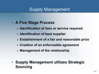 Supply Management
• A Five Stage Process
» Identification of item or service required
» Identification of best supplier
» Establishment of a fair and reasonable price
» Creation of an enforceable agreement
» Management of the relationship
• Supply Management utilizes Strategic
Sourcing
1-7
 