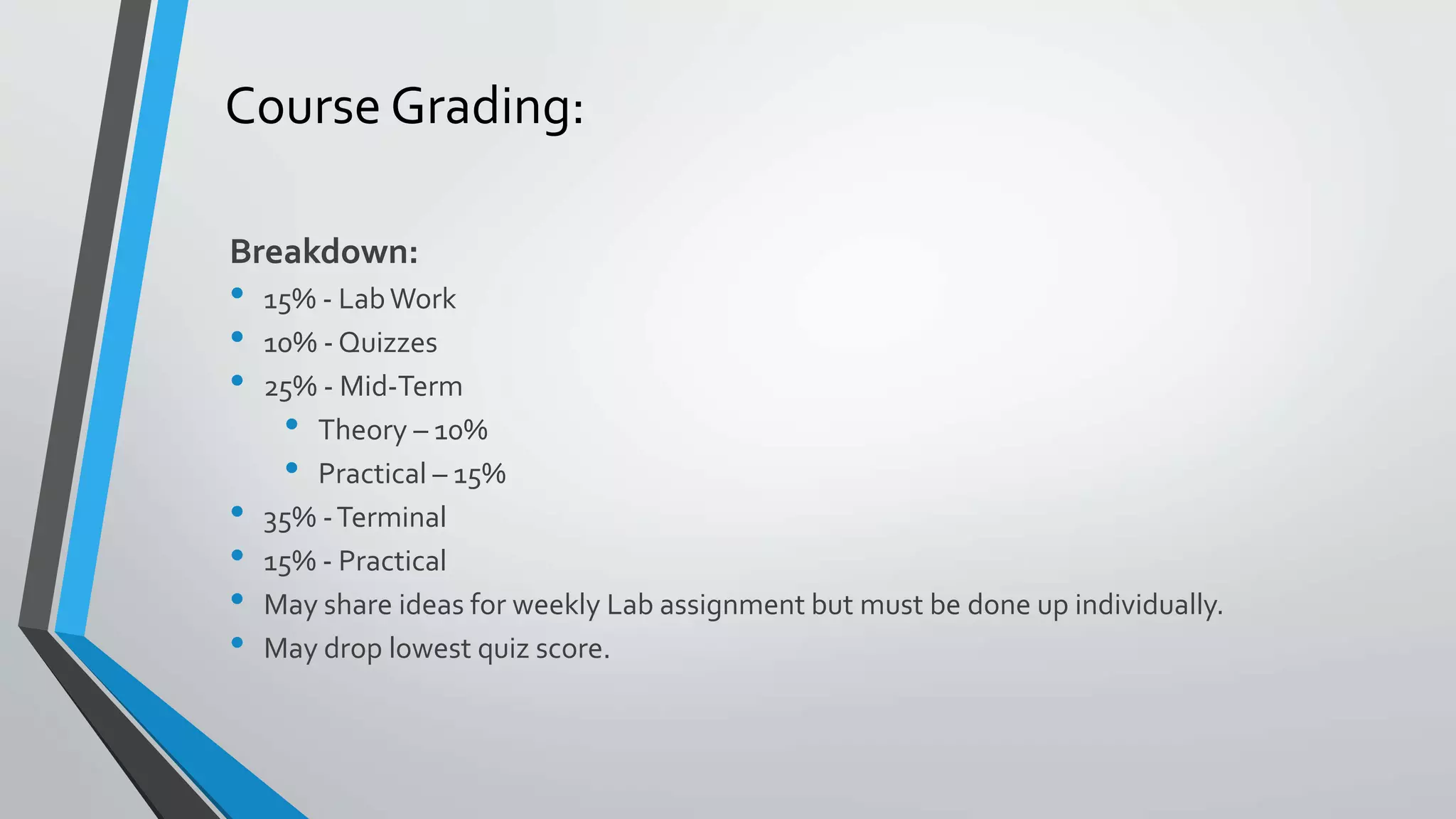Course Grading:
Breakdown:
• 15% - LabWork
• 10% - Quizzes
• 25% - Mid-Term
• Theory – 10%
• Practical – 15%
• 35% -Terminal
• 15% - Practical
• May share ideas for weekly Lab assignment but must be done up individually.
• May drop lowest quiz score.
 