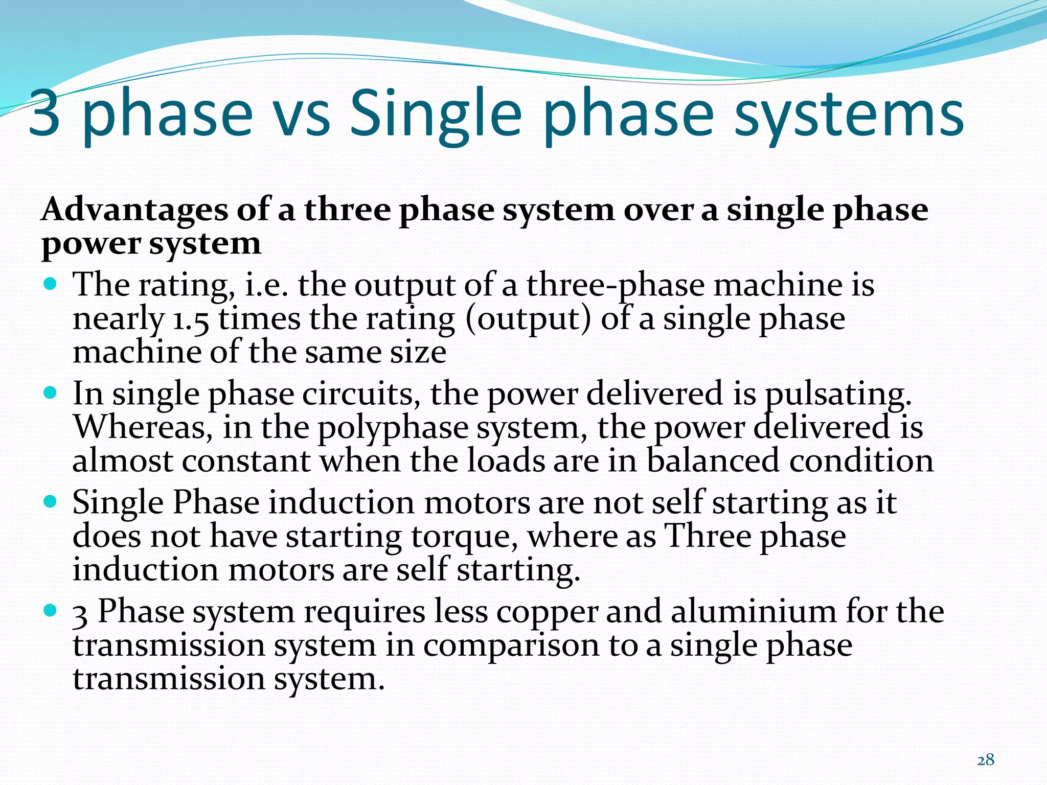 3 phase vs Single phase systems
Advantages of a three phase system over a single phase
power system
 The rating, i.e. the output of a three-phase machine is
nearly 1.5 times the rating (output) of a single phase
machine of the same size
 In single phase circuits, the power delivered is pulsating.
Whereas, in the polyphase system, the power delivered is
almost constant when the loads are in balanced condition
 Single Phase induction motors are not self starting as it
does not have starting torque, where as Three phase
induction motors are self starting.
 3 Phase system requires less copper and aluminium for the
transmission system in comparison to a single phase
transmission system.
28
 
