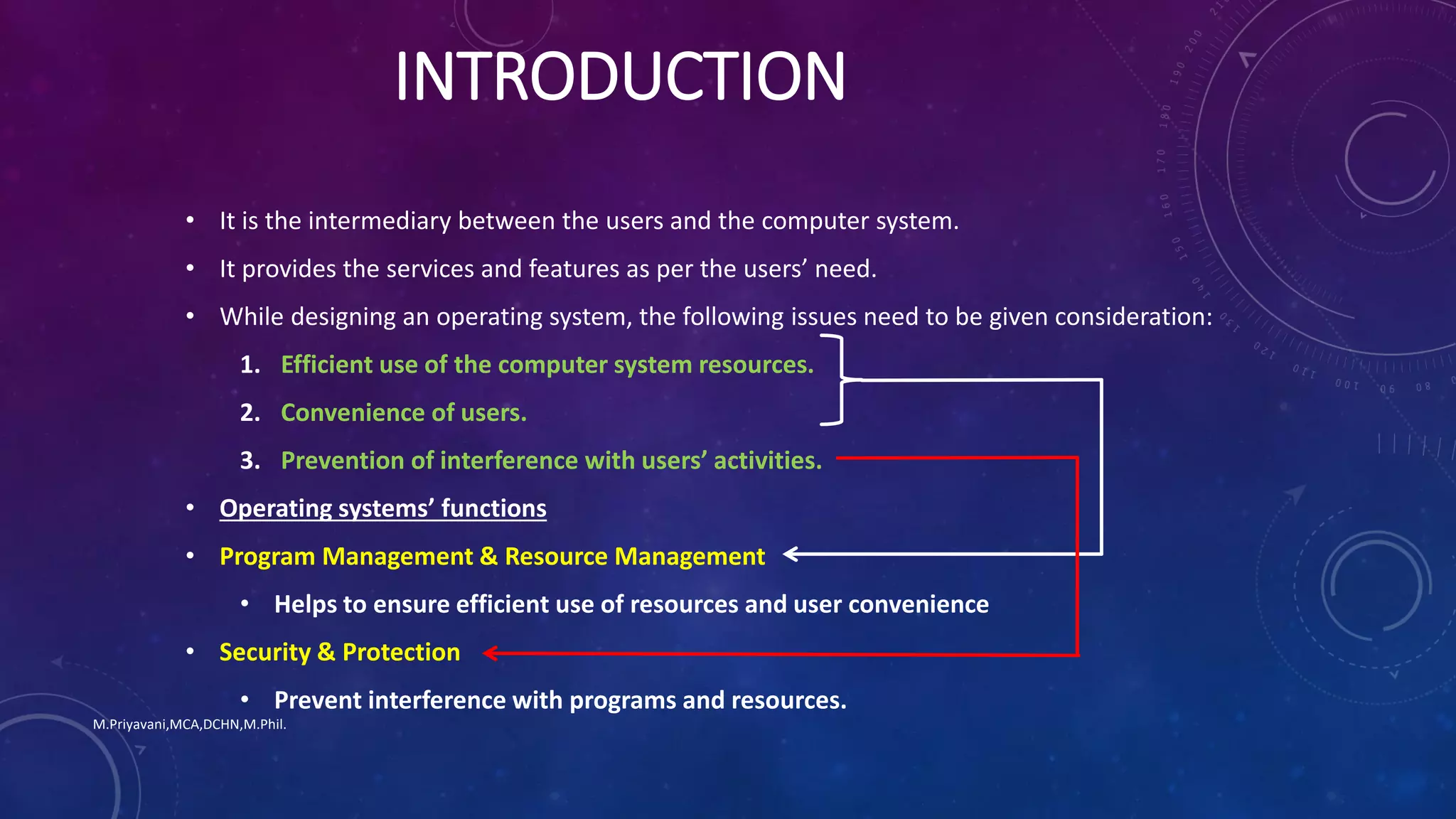 INTRODUCTION
• It is the intermediary between the users and the computer system.
• It provides the services and features as per the users’ need.
• While designing an operating system, the following issues need to be given consideration:
1. Efficient use of the computer system resources.
2. Convenience of users.
3. Prevention of interference with users’ activities.
• Operating systems’ functions
• Program Management & Resource Management
• Helps to ensure efficient use of resources and user convenience
• Security & Protection
• Prevent interference with programs and resources.
M.Priyavani,MCA,DCHN,M.Phil.
 