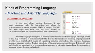 ASSEMBLY LANGUAGES
Kinds of Programming Language
• Machine and Assembly Languages
is one level above machine language. I...