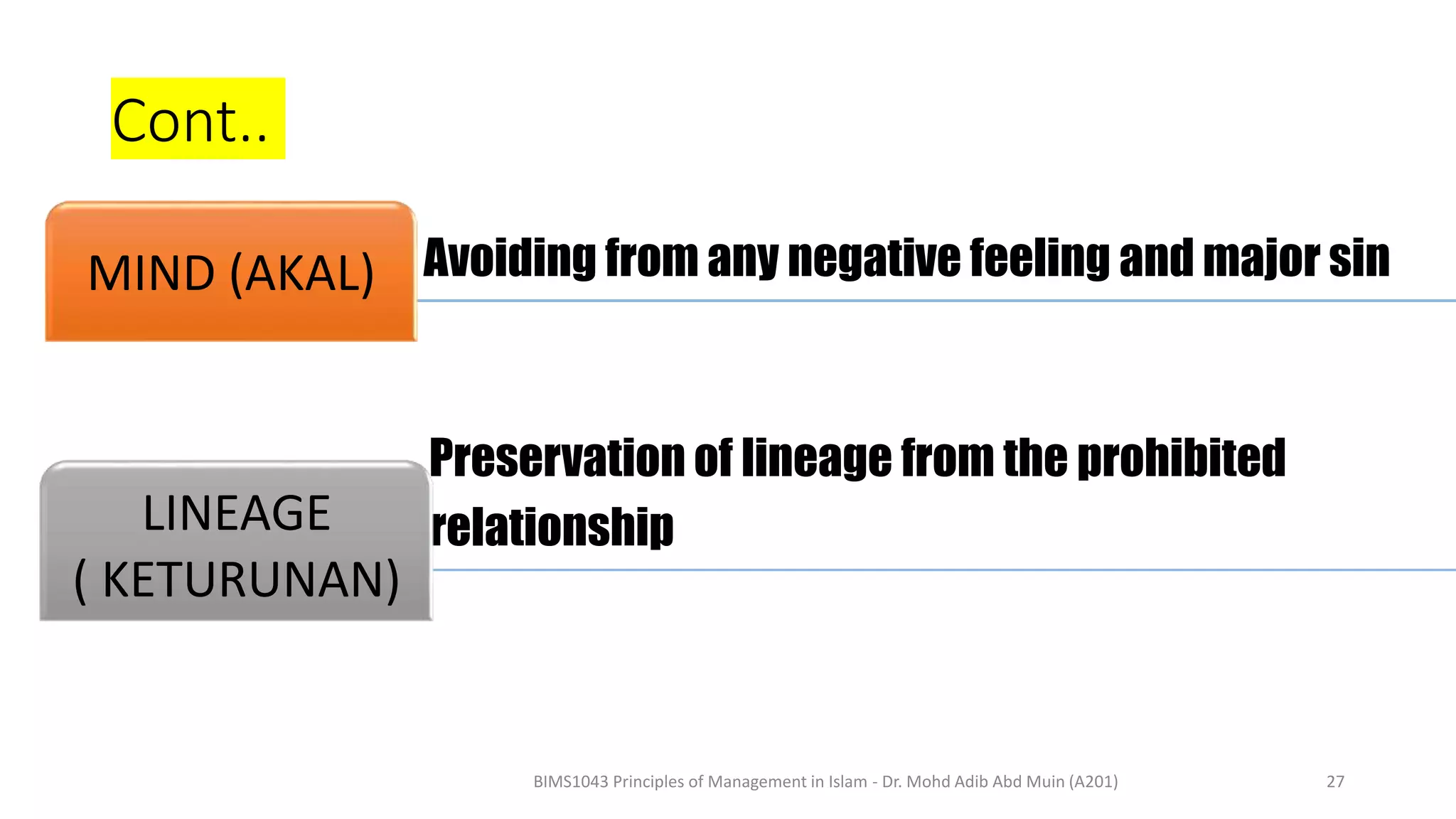 Cont..
Avoiding from any negative feeling and major sin
MIND (AKAL)
Preservation of lineage from the prohibited
relationship
LINEAGE
( KETURUNAN)
BIMS1043 Principles of Management in Islam - Dr. Mohd Adib Abd Muin (A201) 27
 