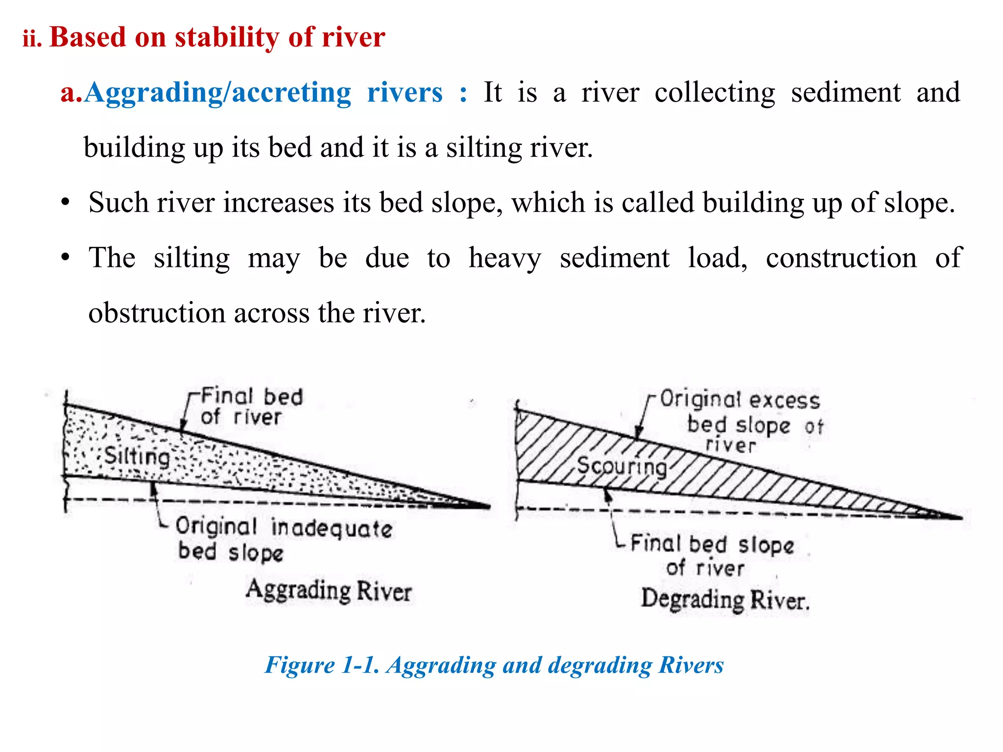 ii. Based on stability of river
a.Aggrading/accreting rivers : It is a river collecting sediment and
building up its bed and it is a silting river.
• Such river increases its bed slope, which is called building up of slope.
• The silting may be due to heavy sediment load, construction of
obstruction across the river.
Figure 1-1. Aggrading and degrading Rivers
 