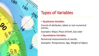 Types of Variables
• Qualitative Variables
Consist of attributes, labels or non-numerical
entries.
Examples: Major, Place of birth, Eye color
• Quantitative Variables
Numerical measurements or counts.
Examples: Temperature, Age, Weight of object.
 