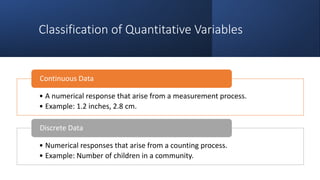 Classification of Quantitative Variables
• A numerical response that arise from a measurement process.
• Example: 1.2 inches, 2.8 cm.
Continuous Data
• Numerical responses that arise from a counting process.
• Example: Number of children in a community.
Discrete Data
 
