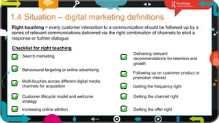10
1.4 Situation – digital marketing definitions
Right touching = every customer interaction to a communication should be followed up by a
series of relevant communications delivered via the right combination of channels to elicit a
response or further dialogue
Checklist for right touching
Search marketing
Behavioural targeting or online advertising
Multi-touches across different digital media
channels for acquisition
Customer lifecycle model and welcome
strategy
Increasing online attrition
Delivering relevant
recommendations for retention and
growth
Following up on customer product or
promotion interest
Getting the frequency right
Getting the channel right
Getting the offer right
 