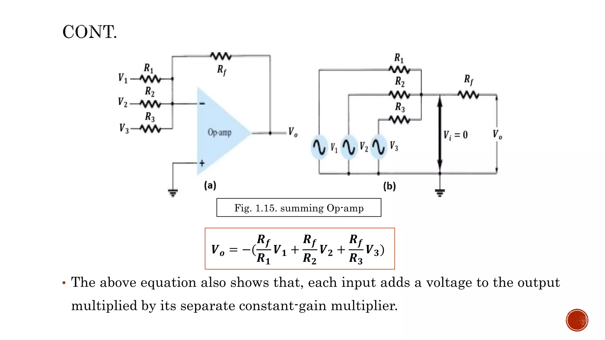 • The above equation also shows that, each input adds a voltage to the output
multiplied by its separate constant-gain multiplier.
𝑽𝒐 = −(
𝑹𝒇
𝑹𝟏
𝑽𝟏 +
𝑹𝒇
𝑹𝟐
𝑽𝟐 +
𝑹𝒇
𝑹𝟑
𝑽𝟑)
Fig. 1.15. summing Op-amp
 