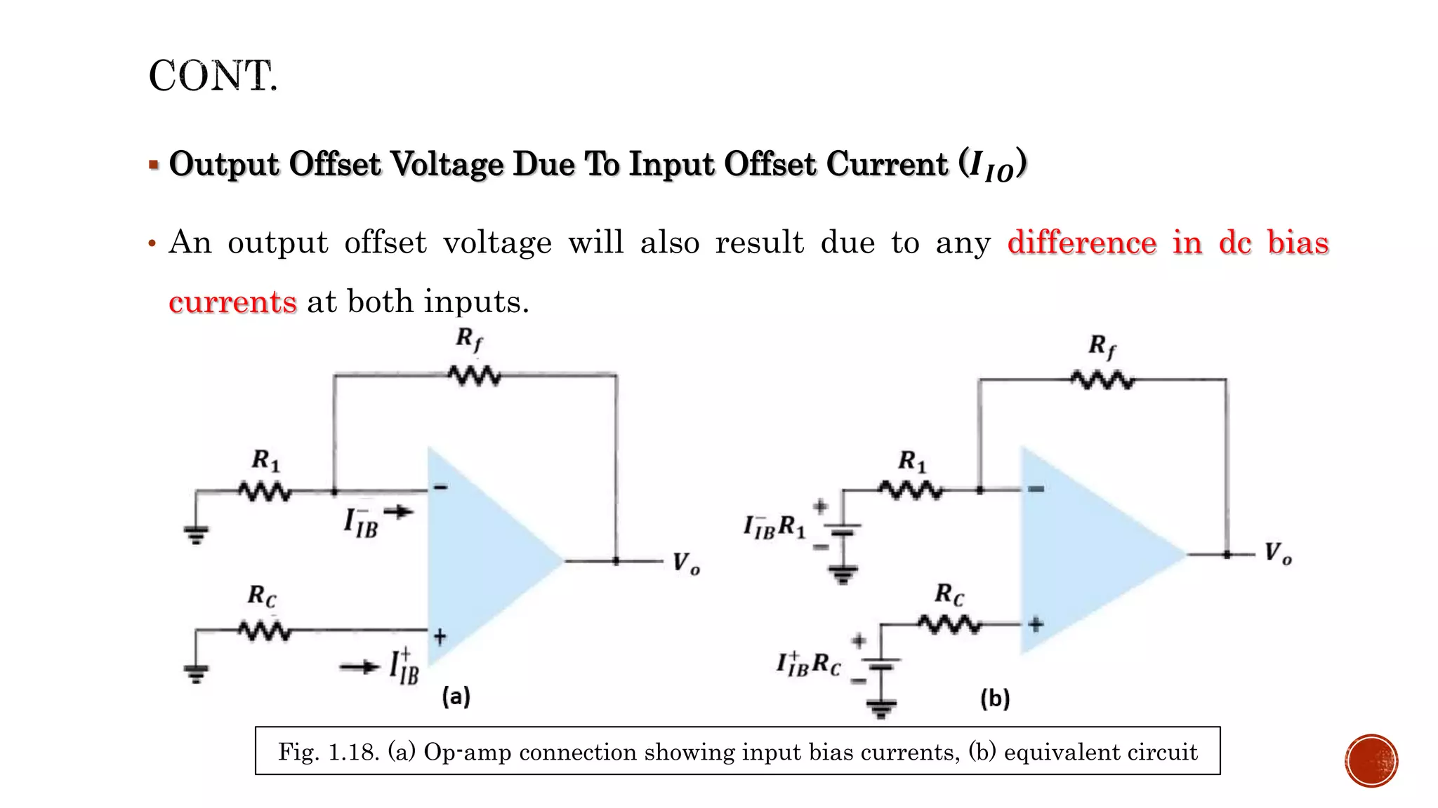  Output Offset Voltage Due To Input Offset Current (𝑰𝑰𝑶)
• An output offset voltage will also result due to any difference in dc bias
currents at both inputs.
Fig. 1.18. (a) Op-amp connection showing input bias currents, (b) equivalent circuit
 