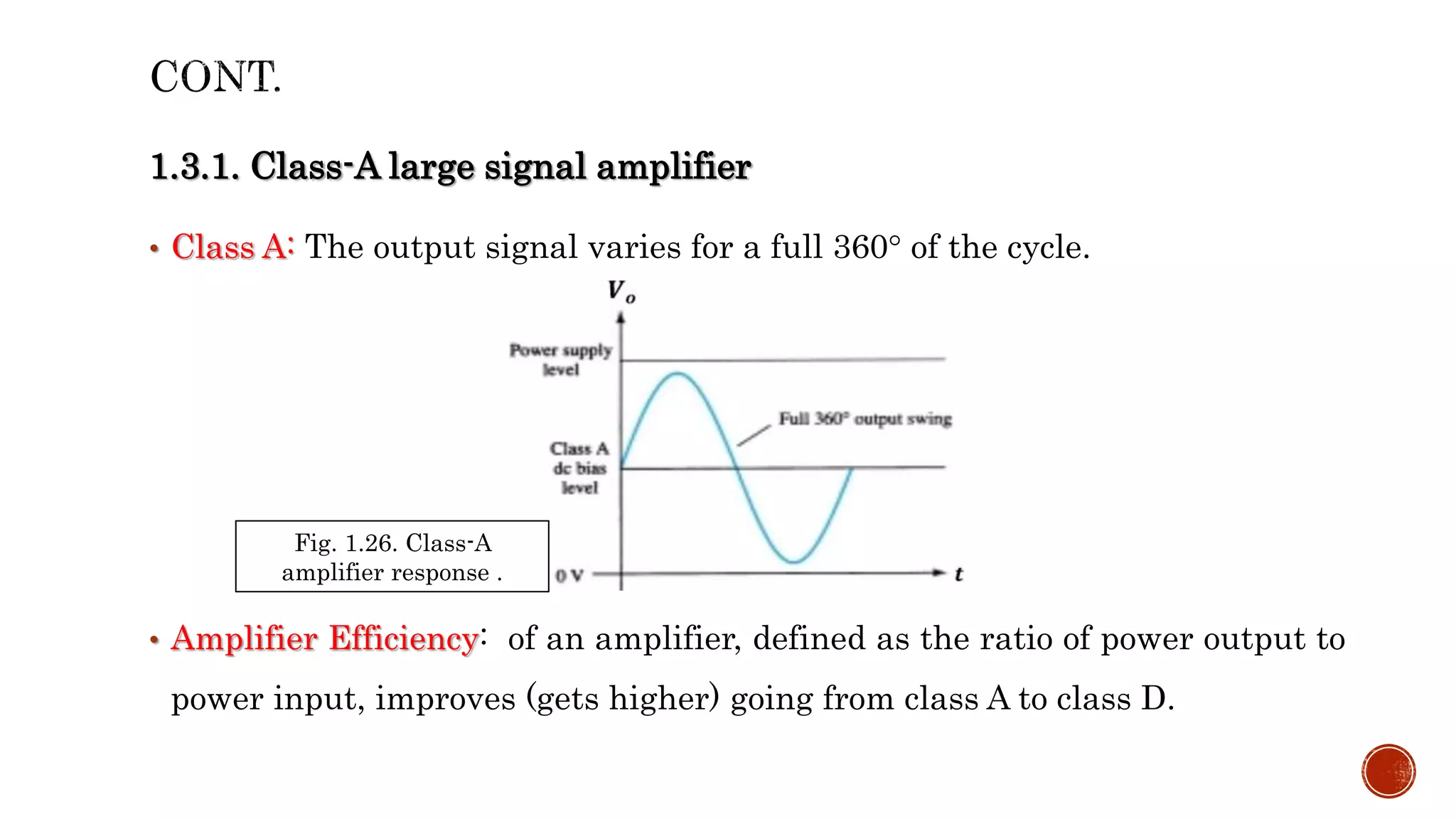 1.3.1. Class-A large signal amplifier
• Class A: The output signal varies for a full 360° of the cycle.
• Amplifier Efficiency: of an amplifier, defined as the ratio of power output to
power input, improves (gets higher) going from class A to class D.
Fig. 1.26. Class-A
amplifier response .
 