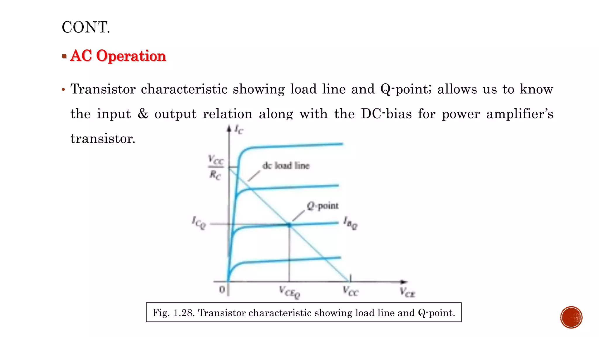  AC Operation
• Transistor characteristic showing load line and Q-point; allows us to know
the input & output relation along with the DC-bias for power amplifier’s
transistor.
Fig. 1.28. Transistor characteristic showing load line and Q-point.
 