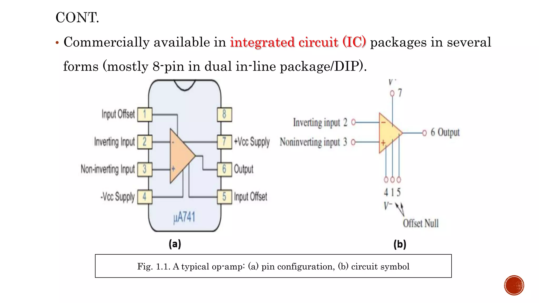 • Commercially available in integrated circuit (IC) packages in several
forms (mostly 8-pin in dual in-line package/DIP).
Fig. 1.1. A typical op-amp: (a) pin configuration, (b) circuit symbol
 
