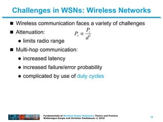 18
Fundamentals of Wireless Sensor Networks: Theory and Practice
Waltenegus Dargie and Christian Poellabauer © 2010
Challenges in WSNs: Wireless Networks
 Wireless communication faces a variety of challenges
 Attenuation:
 limits radio range
 Multi-hop communication:
 increased latency
 increased failure/error probability
 complicated by use of duty cycles

Pr 
Pt
d2
 
