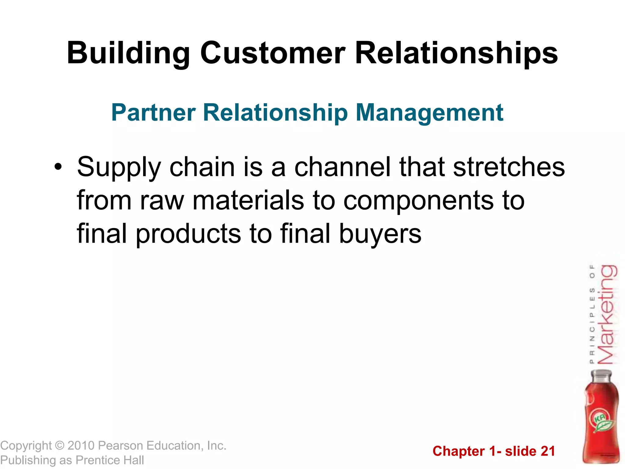 Chapter 1- slide 21
Copyright © 2010 Pearson Education, Inc.
Publishing as Prentice Hall
Building Customer Relationships
• Supply chain is a channel that stretches
from raw materials to components to
final products to final buyers
Partner Relationship Management
 