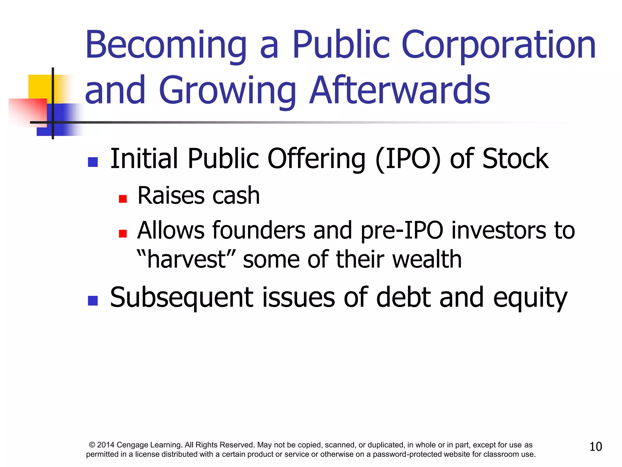 © 2014 Cengage Learning. All Rights Reserved. May not be copied, scanned, or duplicated, in whole or in part, except for use as
permitted in a license distributed with a certain product or service or otherwise on a password-protected website for classroom use.
10
Becoming a Public Corporation
and Growing Afterwards
 Initial Public Offering (IPO) of Stock
 Raises cash
 Allows founders and pre-IPO investors to
“harvest” some of their wealth
 Subsequent issues of debt and equity
 
