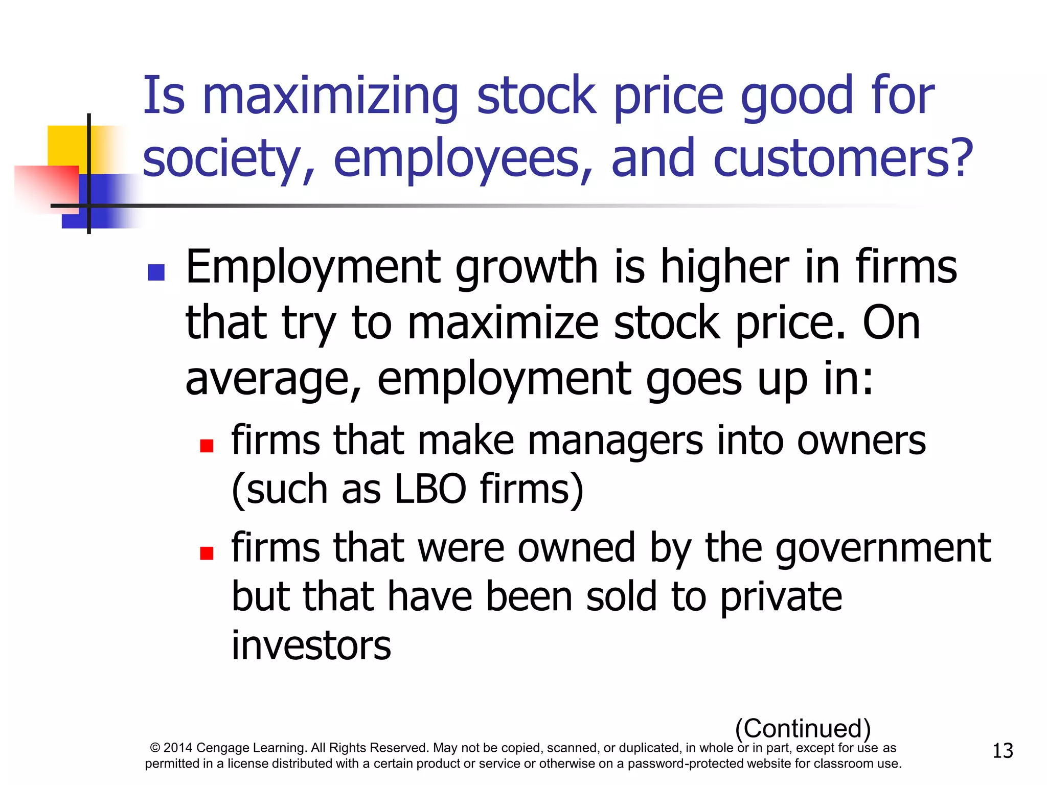© 2014 Cengage Learning. All Rights Reserved. May not be copied, scanned, or duplicated, in whole or in part, except for use as
permitted in a license distributed with a certain product or service or otherwise on a password-protected website for classroom use.
13
Is maximizing stock price good for
society, employees, and customers?
 Employment growth is higher in firms
that try to maximize stock price. On
average, employment goes up in:
 firms that make managers into owners
(such as LBO firms)
 firms that were owned by the government
but that have been sold to private
investors
(Continued)
 