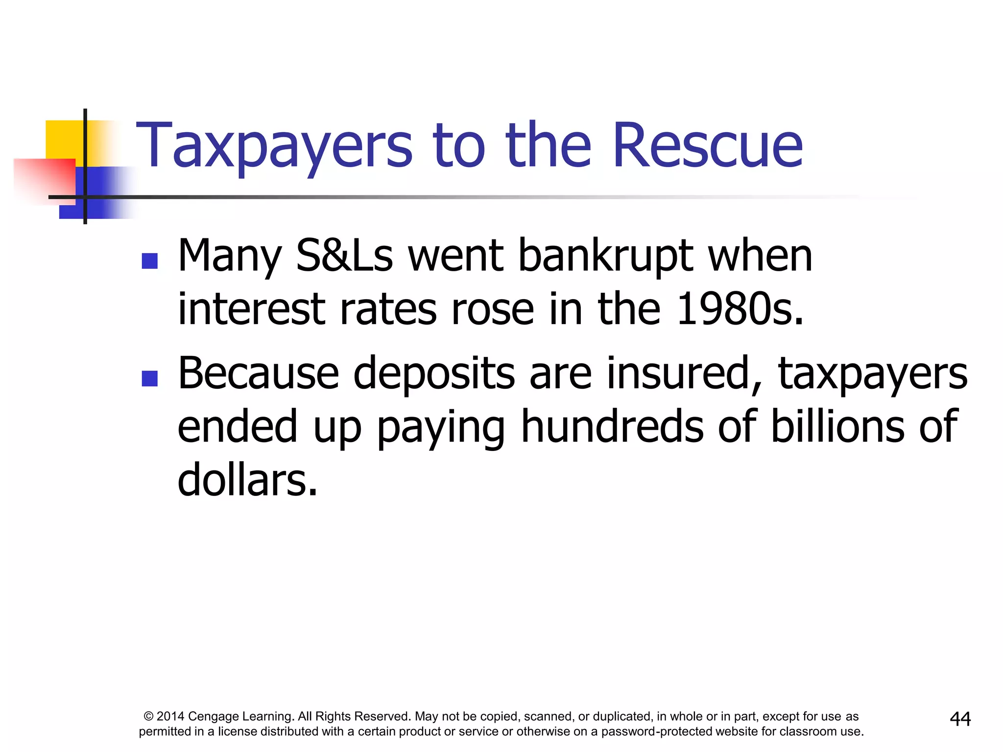 © 2014 Cengage Learning. All Rights Reserved. May not be copied, scanned, or duplicated, in whole or in part, except for use as
permitted in a license distributed with a certain product or service or otherwise on a password-protected website for classroom use.
44
Taxpayers to the Rescue
 Many S&Ls went bankrupt when
interest rates rose in the 1980s.
 Because deposits are insured, taxpayers
ended up paying hundreds of billions of
dollars.
 