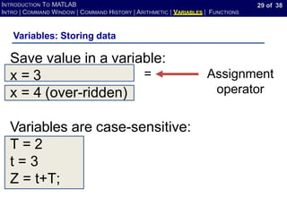 29 of 38
INTRODUCTION TO MATLAB
INTRO | COMMAND WINDOW | COMMAND HISTORY | ARITHMETIC | VARIABLES | FUNCTIONS
Variables: Storing data
Save value in a variable:
x = 3
x = 4 (over-ridden)
Variables are case-sensitive:
T = 2
t = 3
Z = t+T;
Assignment
operator
=
 