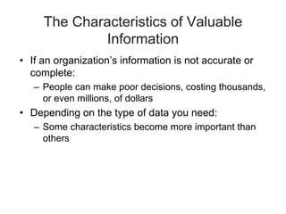 The Characteristics of Valuable
Information
• If an organization’s information is not accurate or
complete:
– People can make poor decisions, costing thousands,
or even millions, of dollars
• Depending on the type of data you need:
– Some characteristics become more important than
others
 