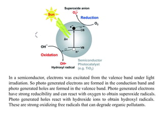 In a semiconductor, electrons was excitated from the valence band under light
irradiation. So photo generated electrons are formed in the conduction band and
photo generated holes are formed in the valence band. Photo generated electrons
have strong reducibility and can react with oxygen to obtain superoxide radicals.
Photo generated holes react with hydroxide ions to obtain hydroxyl radicals.
These are strong oxidizing free radicals that can degrade organic pollutants.
 