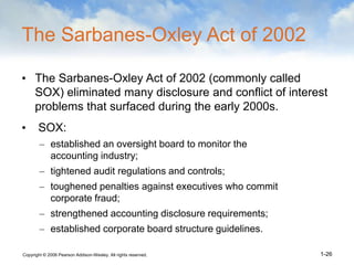 Copyright © 2006 Pearson Addison-Wesley. All rights reserved. 1-26
The Sarbanes-Oxley Act of 2002
• The Sarbanes-Oxley Act...