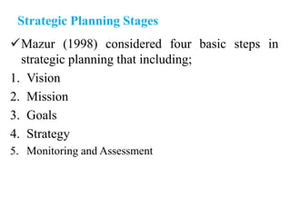Strategic Planning Stages
Mazur (1998) considered four basic steps in
strategic planning that including;
1. Vision
2. Mission
3. Goals
4. Strategy
5. Monitoring and Assessment
 