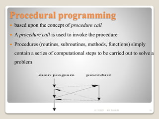 Procedural programming
 based upon the concept of procedure call
 A procedure call is used to invoke the procedure
 Procedures (routines, subroutines, methods, functions) simply
contain a series of computational steps to be carried out to solve a
problem
12/17/2022 BY TADU.D 10
 