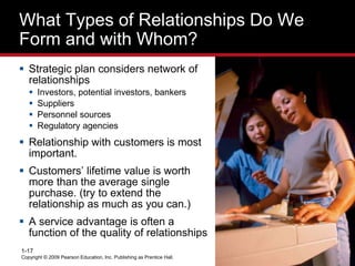 Copyright © 2009 Pearson Education, Inc. Publishing as Prentice Hall.
1-17
What Types of Relationships Do We
Form and with Whom?
 Strategic plan considers network of
relationships
 Investors, potential investors, bankers
 Suppliers
 Personnel sources
 Regulatory agencies
 Relationship with customers is most
important.
 Customers’ lifetime value is worth
more than the average single
purchase. (try to extend the
relationship as much as you can.)
 A service advantage is often a
function of the quality of relationships
 