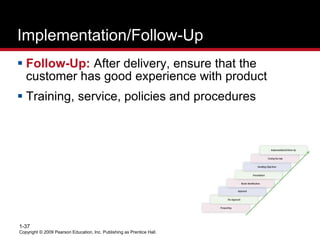 Copyright © 2009 Pearson Education, Inc. Publishing as Prentice Hall.
1-37
Implementation/Follow-Up
 Follow-Up: After delivery, ensure that the
customer has good experience with product
 Training, service, policies and procedures
 