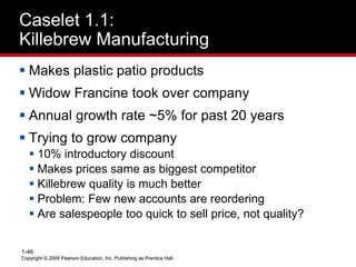 Copyright © 2009 Pearson Education, Inc. Publishing as Prentice Hall.
1-46
Copyright © 2009 Pearson Education, Inc. Publishing as Prentice Hall.
Caselet 1.1:
Killebrew Manufacturing
 Makes plastic patio products
 Widow Francine took over company
 Annual growth rate ~5% for past 20 years
 Trying to grow company
 10% introductory discount
 Makes prices same as biggest competitor
 Killebrew quality is much better
 Problem: Few new accounts are reordering
 Are salespeople too quick to sell price, not quality?
 