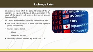 UK exchange rates affect the competitiveness of the UK
economy for exports and imports E.G. depreciation in the
value of the currency will improve the current account
(reduce deficit)
UK current account deficit caused by three main factors:
• Net trade deficit (import is more than the export of
goods and services)
• Primary income deficit
• Wages
• Investment incomes
• Secondary income. Transfers, e.g. funds to EU, UN.
Exchange Rates
 