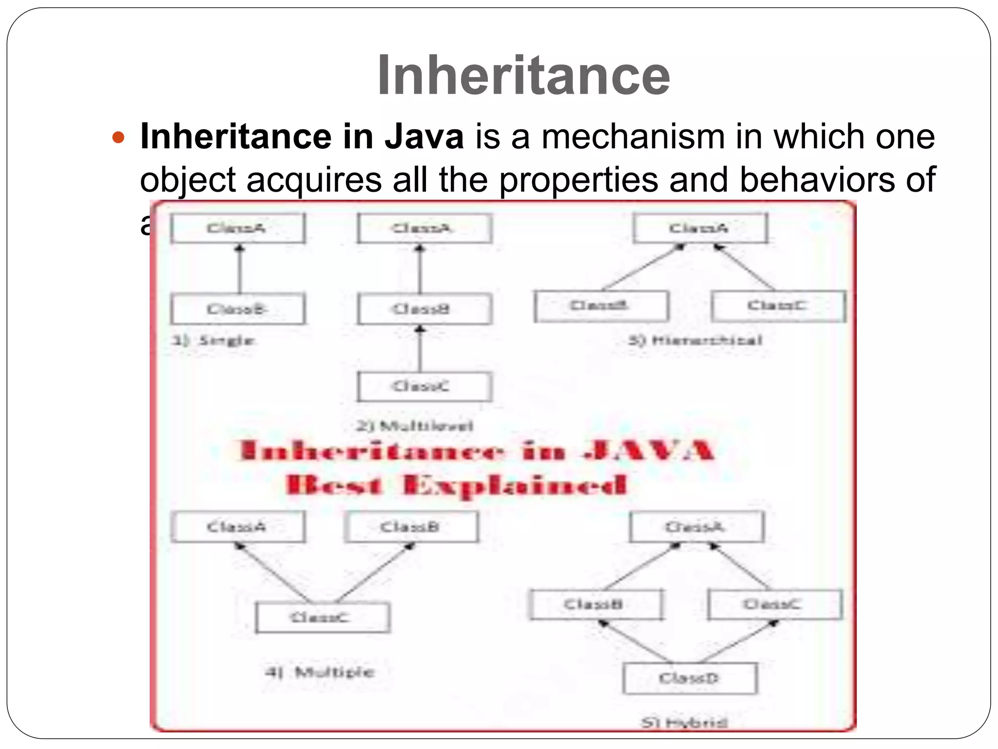 Inheritance
 Inheritance in Java is a mechanism in which one
object acquires all the properties and behaviors of
a parent object.
 