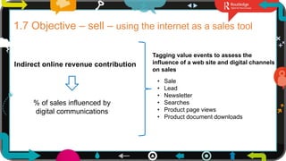 17
Indirect online revenue contribution
% of sales influenced by
digital communications
1.7 Objective – sell – using the internet as a sales tool
Tagging value events to assess the
influence of a web site and digital channels
on sales
• Sale
• Lead
• Newsletter
• Searches
• Product page views
• Product document downloads
 