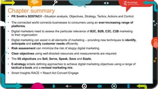 28
Chapter summary
• PR Smith’s SOSTAC® –Situation analysis, Objectives, Strategy, Tactics, Actions and Control.
• The connected world connects businesses to consumers using an ever-increasing range of
platforms.
• Digital marketers need to assess the particular relevance of B2C, B2B, C2C, C2B marketing
to their organization
• Digital marketing can assist in all elements of marketing – providing new techniques to identify,
anticipate and satisfy customer needs efficiently.
• Risk assessment can minimize the risk of sloppy digital marketing.
• Clear objectives using well-directed resources and measurements are required.
• The 5S objectives are Sell, Serve, Speak, Save and Sizzle.
• Smart Insights RACE = Reach Act Convert Engage
• E-strategy entails defining approaches to achieve digital marketing objectives using a range of
tactical e-tools and a revised marketing mix.
 
