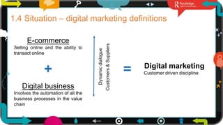 8
1.4 Situation – digital marketing definitions
E-commerce
Selling online and the ability to
transact online
+
Digital business
Involves the automation of all the
business processes in the value
chain
Dynamic
dialogue
= Digital marketing
Customer driven discipline
Customers
&
Suppliers
 