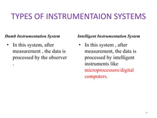 TYPES OF INSTRUMENTAION SYSTEMS
Dumb Instrumentation System
• In this system, after
measurement , the data is
processed by the observer
.
Intelligent Instrumentation System
• In this system , after
measurement, the data is
processed by intelligent
instruments like
microprocessors/digital
computers.
14
 