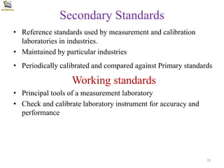 Secondary Standards
• Reference standards used by measurement and calibration
laboratories in industries.
• Maintained by particular industries
• Periodically calibrated and compared against Primary standards
Working standards
• Principal tools of a measurement laboratory
• Check and calibrate laboratory instrument for accuracy and
performance
19
 