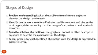 Stages of Design
Problem understanding–Look at the problem from different angles to
discover the design requirements.
Iden...