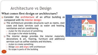 Architecture vs Design
What comes first design or architecture?
❑ Consider the architecture of an office building as
compa...