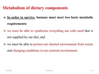 Metabolism of dietary components
In order to survive, humans must meet two basic metabolic
requirements:
 we must be able to synthesize everything our cells need that is
not supplied by our diet, and
 we must be able to protect our internal environment from toxins
and changing conditions in our external environment.
Tewekel R 24
2/3/2023
 