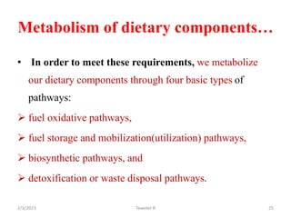 Metabolism of dietary components…
• In order to meet these requirements, we metabolize
our dietary components through four basic types of
pathways:
 fuel oxidative pathways,
 fuel storage and mobilization(utilization) pathways,
 biosynthetic pathways, and
 detoxification or waste disposal pathways.
Tewekel R 25
2/3/2023
 