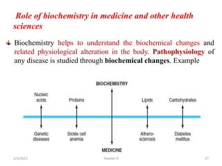 Role of biochemistry in medicine and other health
sciences
Biochemistry helps to understand the biochemical changes and
related physiological alteration in the body. Pathophysiology of
any disease is studied through biochemical changes. Example
27
Tewekel R
2/3/2023
 