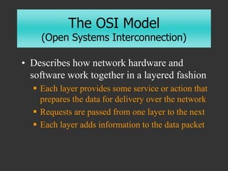 The OSI Model
(Open Systems Interconnection)
• Describes how network hardware and
software work together in a layered fash...